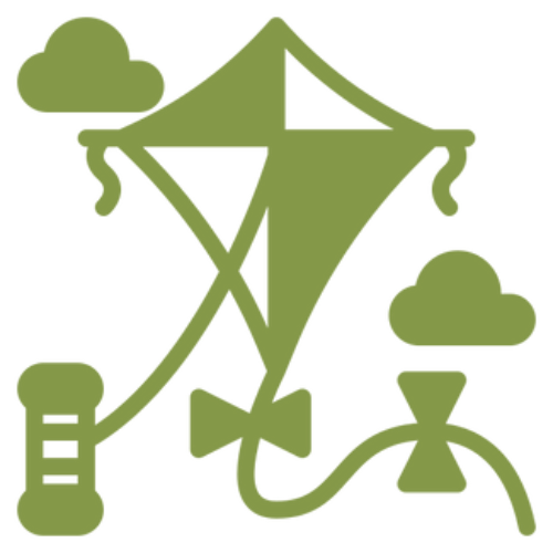 Stylized kite illustration with clouds.