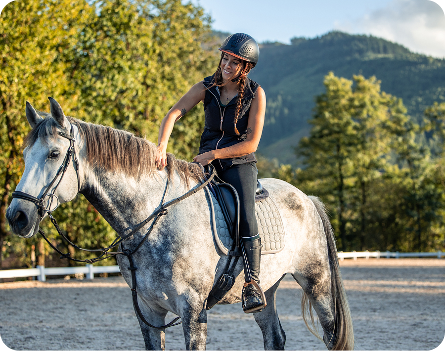 Equestrian in helmet on horse