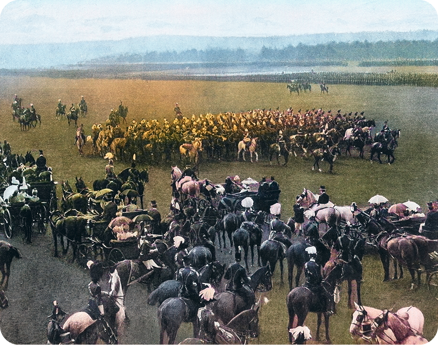 Historical cavalry formation in colorful attire