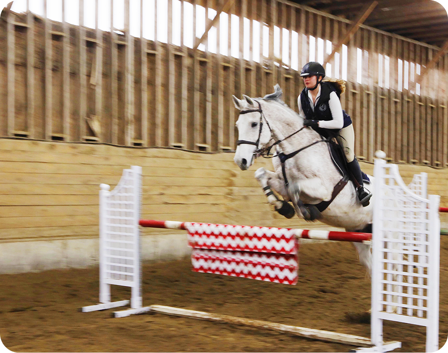 Rider and horse in mid-jump indoors