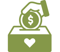 Hand dropping dollar into donation box with heart
