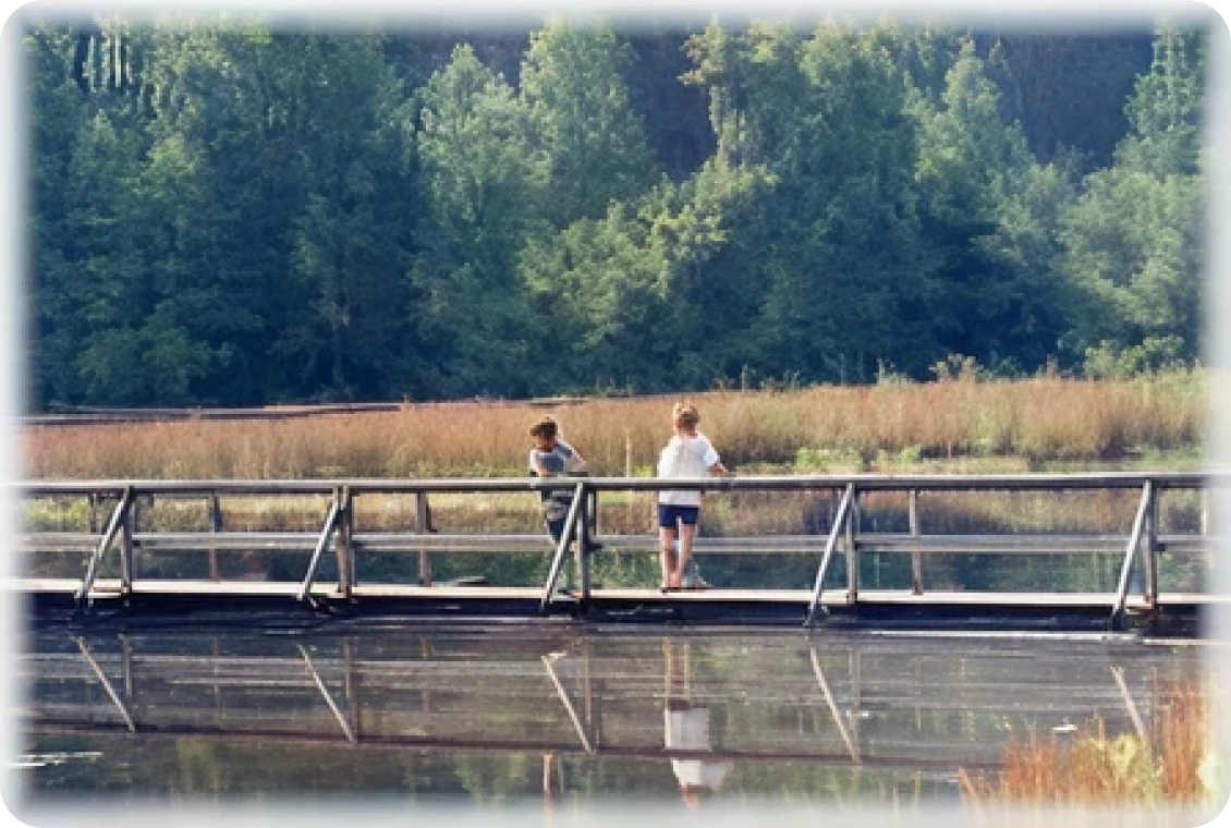 People standing on bridge by lake